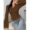 image:imageMakeMeChic Womens Button Down Blouse Collared V Neck Bell Sleeve Shirt TopsCoffee Brown