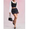 image:imageMakeMeChic Womens Collared Long Sleeve Crop Blouse Colorblock Office Work TopsBlack and White