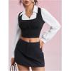 image:imageMakeMeChic Womens Collared Long Sleeve Crop Blouse Colorblock Office Work TopsBlack and White
