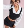 image:imageMakeMeChic Womens Collared Long Sleeve Crop Blouse Colorblock Office Work TopsBlack and White