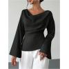 image:imageMakeMeChic Womens Cowl Neck Satin Blouse Bell Sleeve Drop Shoulder Elegant Blouse Work Tops Fall ClothesBlack