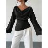 image:imageMakeMeChic Womens Cowl Neck Satin Blouse Bell Sleeve Drop Shoulder Elegant Blouse Work Tops Fall ClothesBlack