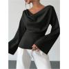 image:imageMakeMeChic Womens Cowl Neck Satin Blouse Bell Sleeve Drop Shoulder Elegant Blouse Work Tops Fall ClothesBlack