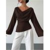 image:imageMakeMeChic Womens Cowl Neck Satin Blouse Bell Sleeve Drop Shoulder Elegant Blouse Work Tops Fall ClothesCoffee Brown