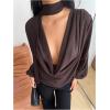 image:imageMakeMeChic Womens Elegant Draped Sheer Blouse Mesh Low Cut Cowl Neck Long Sleeve Tops with ScarfBrown