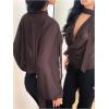 image:imageMakeMeChic Womens Elegant Draped Sheer Blouse Mesh Low Cut Cowl Neck Long Sleeve Tops with ScarfBrown