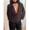 image:imageMakeMeChic Womens Elegant Draped Sheer Blouse Mesh Low Cut Cowl Neck Long Sleeve Tops with ScarfBrown