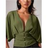 image:imageMakeMeChic Womens Elegant Ruched Blouse Deep V Neck Dolman Sleeve Crop TopsGreen