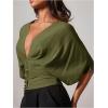 image:imageMakeMeChic Womens Elegant Ruched Blouse Deep V Neck Dolman Sleeve Crop TopsGreen