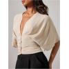 image:imageMakeMeChic Womens Elegant Ruched Blouse Deep V Neck Dolman Sleeve Crop TopsKhaki