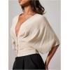 image:imageMakeMeChic Womens Elegant Ruched Blouse Deep V Neck Dolman Sleeve Crop TopsKhaki