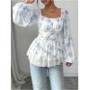 image:imageMakeMeChic Womens Floral Blouse Lantern Sleeve Square Neck Ruffle Going Out TopsBlue