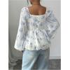 image:imageMakeMeChic Womens Floral Blouse Lantern Sleeve Square Neck Ruffle Going Out TopsBlue
