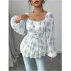image:imageMakeMeChic Womens Floral Blouse Lantern Sleeve Square Neck Ruffle Going Out TopsBlue