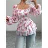image:imageMakeMeChic Womens Floral Blouse Lantern Sleeve Square Neck Ruffle Going Out TopsPink