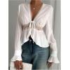 image:imageMakeMeChic Womens Floral Lace Bell Sleeve Blouse Crop Top Elegant Tie V Neck Babydoll ShirtsWhite
