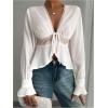 image:imageMakeMeChic Womens Floral Lace Bell Sleeve Blouse Crop Top Elegant Tie V Neck Babydoll ShirtsWhite
