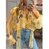 image:imageMakeMeChic Womens Floral Ruffle Blouse Tops Tie Neck Bell Sleeve Layered TopYellow