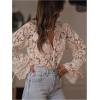 image:imageMakeMeChic Womens Floral Sheer Blouse Ruffle V Neck Button Down Bell Sleeve Dressy TopsApricot