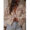 image:imageMakeMeChic Womens Floral Sheer Blouse Ruffle V Neck Button Down Bell Sleeve Dressy TopsApricot