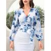 image:imageMakeMeChic Womens Floral Wrap Blouses Tie Side V Neck Lantern Sleeve Shirt Crop TopsBlue