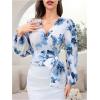 image:imageMakeMeChic Womens Floral Wrap Blouses Tie Side V Neck Lantern Sleeve Shirt Crop TopsBlue