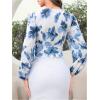 image:imageMakeMeChic Womens Floral Wrap Blouses Tie Side V Neck Lantern Sleeve Shirt Crop TopsBlue