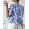 image:imageMakeMeChic Womens Gingham Bow Blouse Puff Sleeve Crew Neck Ruffle Hem Plaid TopsBlue and White
