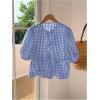 image:imageMakeMeChic Womens Gingham Bow Blouse Puff Sleeve Crew Neck Ruffle Hem Plaid TopsBlue and White