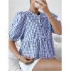 image:imageMakeMeChic Womens Gingham Bow Blouse Puff Sleeve Crew Neck Ruffle Hem Plaid TopsBlue and White