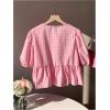 image:imageMakeMeChic Womens Gingham Bow Blouse Puff Sleeve Crew Neck Ruffle Hem Plaid TopsPink