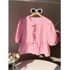 image:imageMakeMeChic Womens Gingham Bow Blouse Puff Sleeve Crew Neck Ruffle Hem Plaid TopsPink