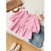 image:imageMakeMeChic Womens Gingham Bow Blouse Puff Sleeve Crew Neck Ruffle Hem Plaid TopsPink