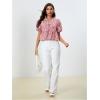 image:imageMakeMeChic Womens Gingham Bow Blouse Puff Sleeve Crew Neck Ruffle Hem Plaid TopsRed and White