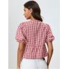 image:imageMakeMeChic Womens Gingham Bow Blouse Puff Sleeve Crew Neck Ruffle Hem Plaid TopsRed and White