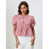 image:imageMakeMeChic Womens Gingham Bow Blouse Puff Sleeve Crew Neck Ruffle Hem Plaid TopsRed and White