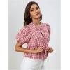 image:imageMakeMeChic Womens Gingham Bow Blouse Puff Sleeve Crew Neck Ruffle Hem Plaid TopsRed and White