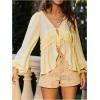 image:imageMakeMeChic Womens Lantern Sleeve Tie Front V Neck Blouse Ruffle Asymmetrical Hem Boho Fairy TopsYellow