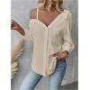 image:imageMakeMeChic Womens Off The Shoulder Tops Long Sleeve Button Down Linen Shirts Casual Blouse TopApricot