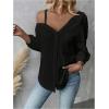 image:imageMakeMeChic Womens Off The Shoulder Tops Long Sleeve Button Down Linen Shirts Casual Blouse TopBlack