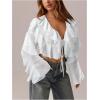 image:imageMakeMeChic Womens Ruffle Tiered Tie V Neck Blouse Bell Sleeve Loose Y2K Crop TopsWhite
