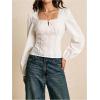 image:imageMakeMeChic Womens Square Neck Blouse Lace Tie Front Lace Up Back Long Sleeve TopsWhite