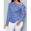 image:imageMakeMeChic Womens Striped Shirt Asymmetrical Tops Ruched Long Sleeve Work Dressy BlousesBlue