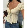image:imageMakeMeChic Womens Textured Puff Sleeve Square Neck Tie Front Shirts Babydoll Blouse TopYellow