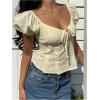 image:imageMakeMeChic Womens Textured Puff Sleeve Square Neck Tie Front Shirts Babydoll Blouse TopYellow
