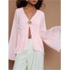 image:imageMakeMeChic Womens V Neck Bell Sleeve Blouse Metal Decor Pleated Split Hem TopsPink