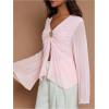 image:imageMakeMeChic Womens V Neck Bell Sleeve Blouse Metal Decor Pleated Split Hem TopsPink