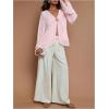 image:imageMakeMeChic Womens V Neck Bell Sleeve Blouse Metal Decor Pleated Split Hem TopsPink