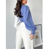 image:imageMakeMeChic Womens Work Fall Blouse Color Block Lantern Sleeve V Neck Tops Ruched Wrap Business Casual ShirtBlue and White
