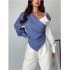 image:imageMakeMeChic Womens Work Fall Blouse Color Block Lantern Sleeve V Neck Tops Ruched Wrap Business Casual ShirtBlue and White